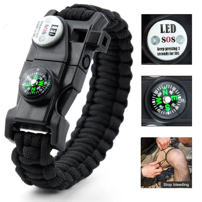 Braided Bracelet Men SOS LED Light Survival Bracelet Paracord Camping Hiking EDC Tool Emergency Compass Whistle