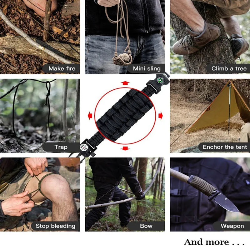 Braided Bracelet Men SOS LED Light Survival Bracelet Paracord Camping Hiking EDC Tool Emergency Compass Whistle