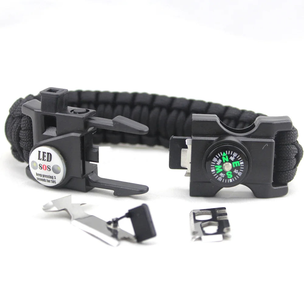 Braided Bracelet Men SOS LED Light Survival Bracelet Paracord Camping Hiking EDC Tool Emergency Compass Whistle