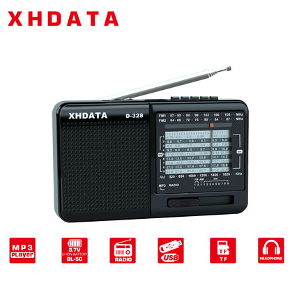 XHDATA D-328 12-Band Portable Radio AM/FM/SW DSP Technology MP3 Player TF Card Slot USB Mini FM Receiver with Bluetooth Radio