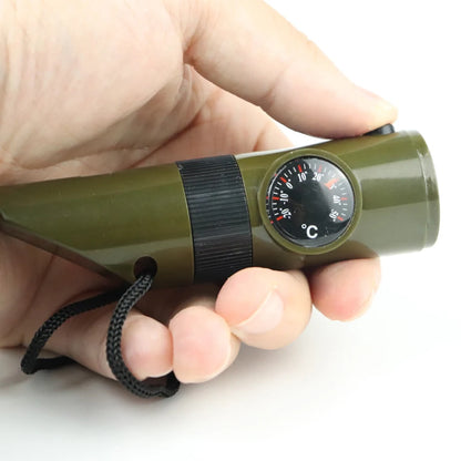 7-in-1 Multi-Function Portable Survival Whistle，High-strength Compass Magnifying Glass Signal Mirror Thermometer Flashlight