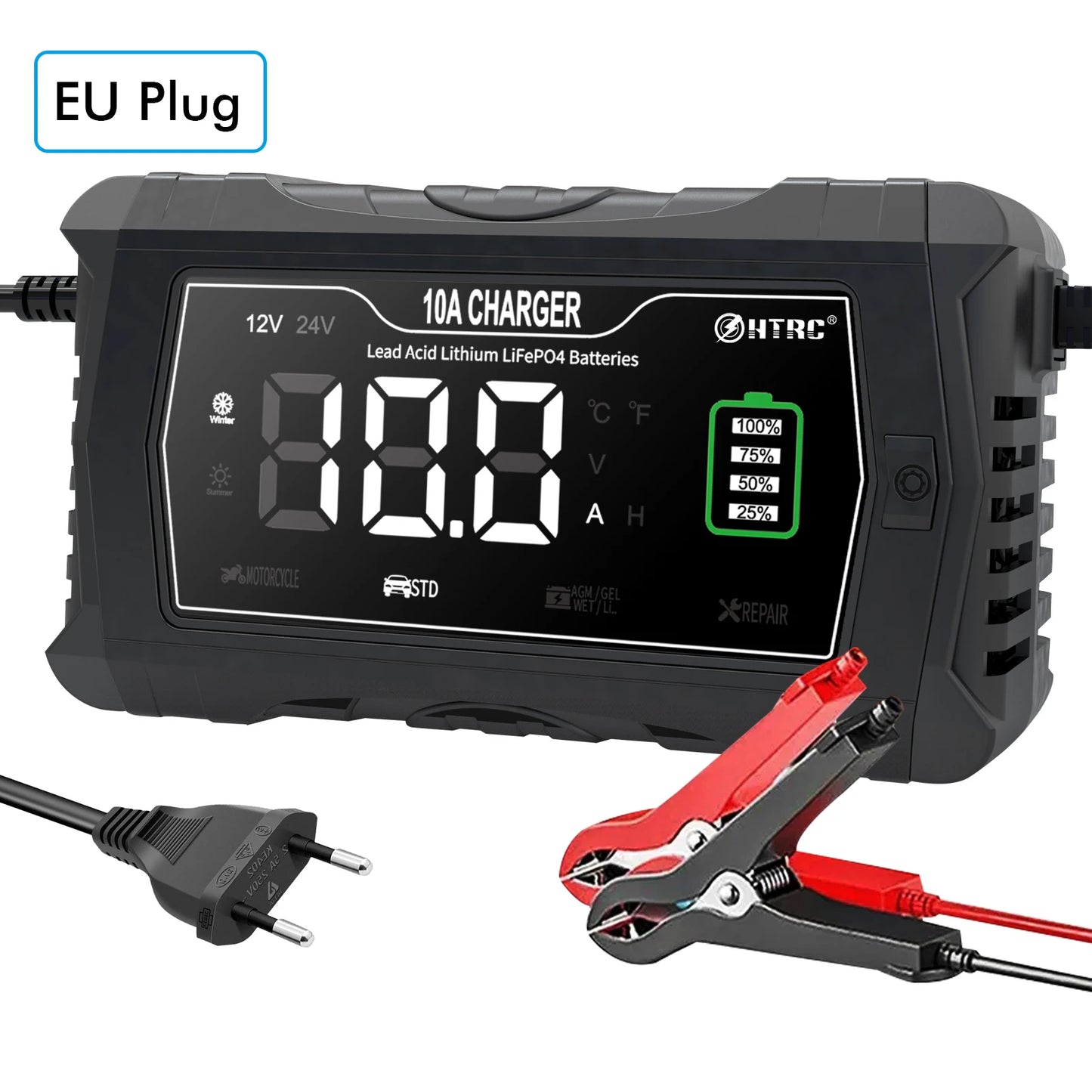 10A/20A 12V 24V Car Battery Charger Fully Automatic Pulse Repair Charger for Lifepo4 AGM Lead-Acid Lithium Battery Mainter