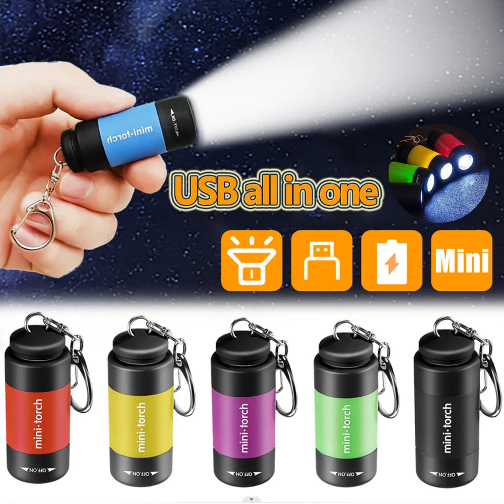 USB Rechargeable LED Multifunctional Strong light Pocket Keychain  Flashlight Waterproof Outdoor Hiking Camping Mini Flashlight