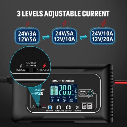 10A/20A 12V 24V Car Battery Charger Fully Automatic Pulse Repair Charger for Lifepo4 AGM Lead-Acid Lithium Battery Mainter