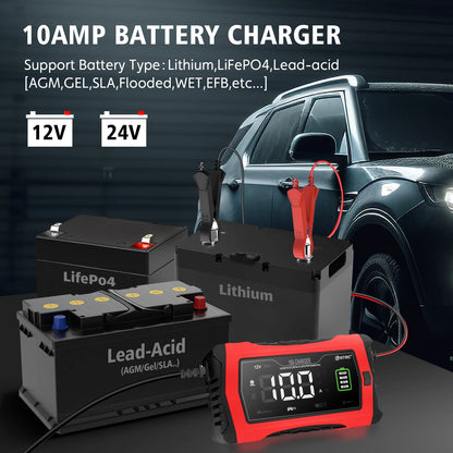 10A/20A 12V 24V Car Battery Charger Fully Automatic Pulse Repair Charger for Lifepo4 AGM Lead-Acid Lithium Battery Mainter