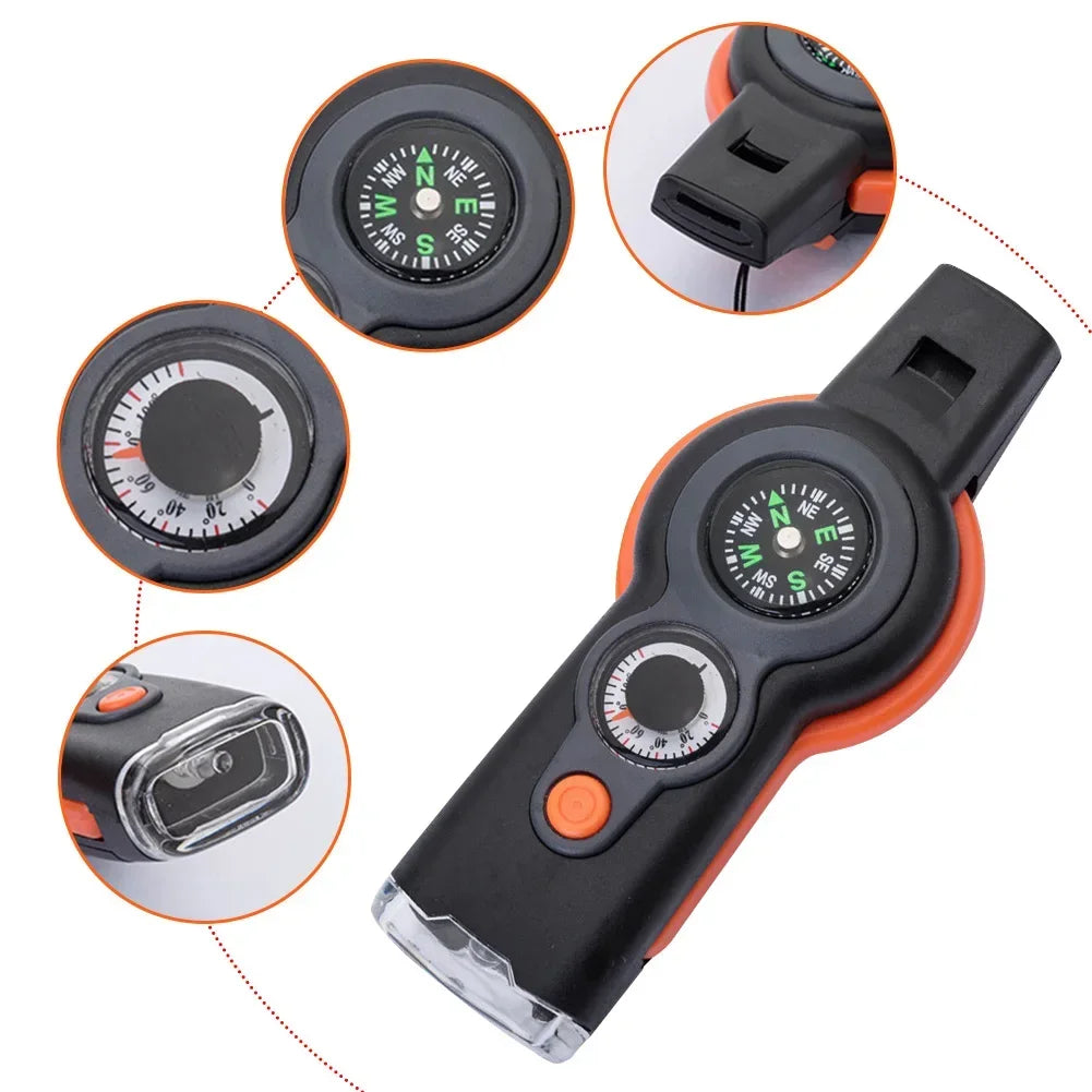 7 in 1 Whistle Outdoor Survival Emergency Tools Multifunctional LED Light Camping Hiking Whistle Compass Thermometer Magnifier