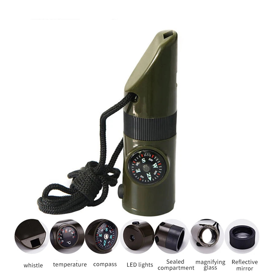 7-in-1 Multi-Function Portable Survival Whistle，High-strength Compass Magnifying Glass Signal Mirror Thermometer Flashlight