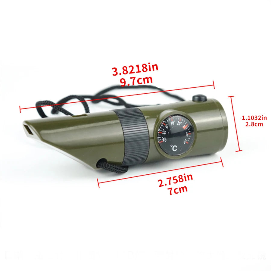 7-in-1 Multi-Function Portable Survival Whistle，High-strength Compass Magnifying Glass Signal Mirror Thermometer Flashlight