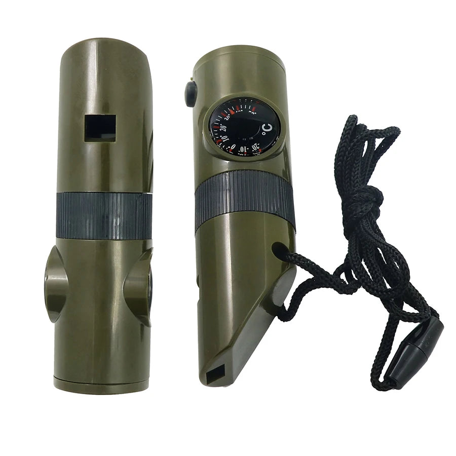 7-in-1 Multi-Function Portable Survival Whistle，High-strength Compass Magnifying Glass Signal Mirror Thermometer Flashlight