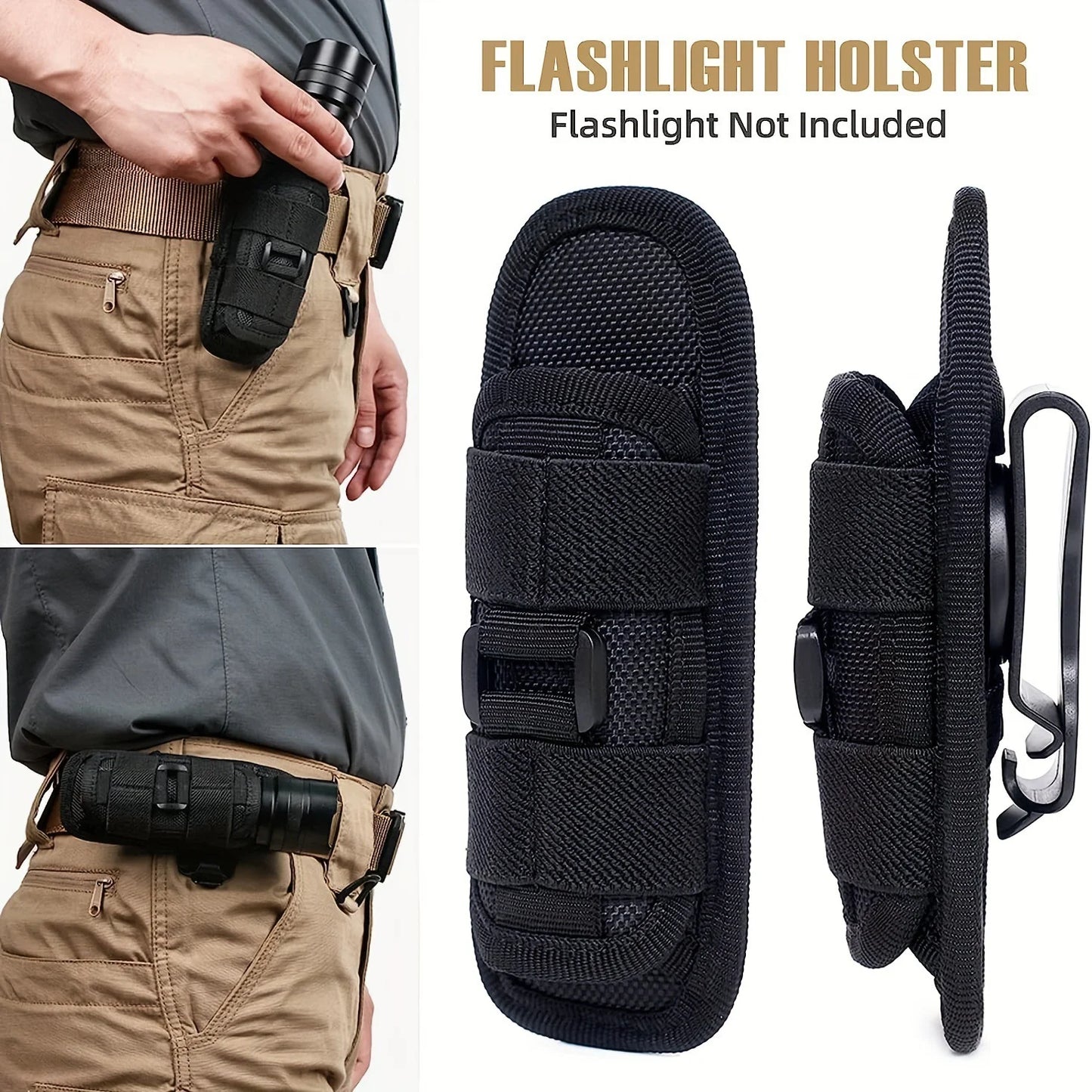 Tactical Flashlight Pouch Holster, Rotatable Holder Belt Clip Tactical Torch Carry Case with 360 Degree Carabiner Reel Clip