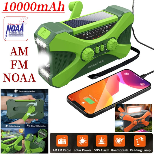 10000mAh Multifunctional Radio Hand Crank Solar USB Charging FM AM WB NOAA Weather Radio Emergency LED Flashlight Torch Power